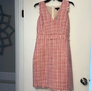 J Crew Pink Red Tweed Preppy Classic V Neck Metallic Thread Fringe Trim Dress 4
